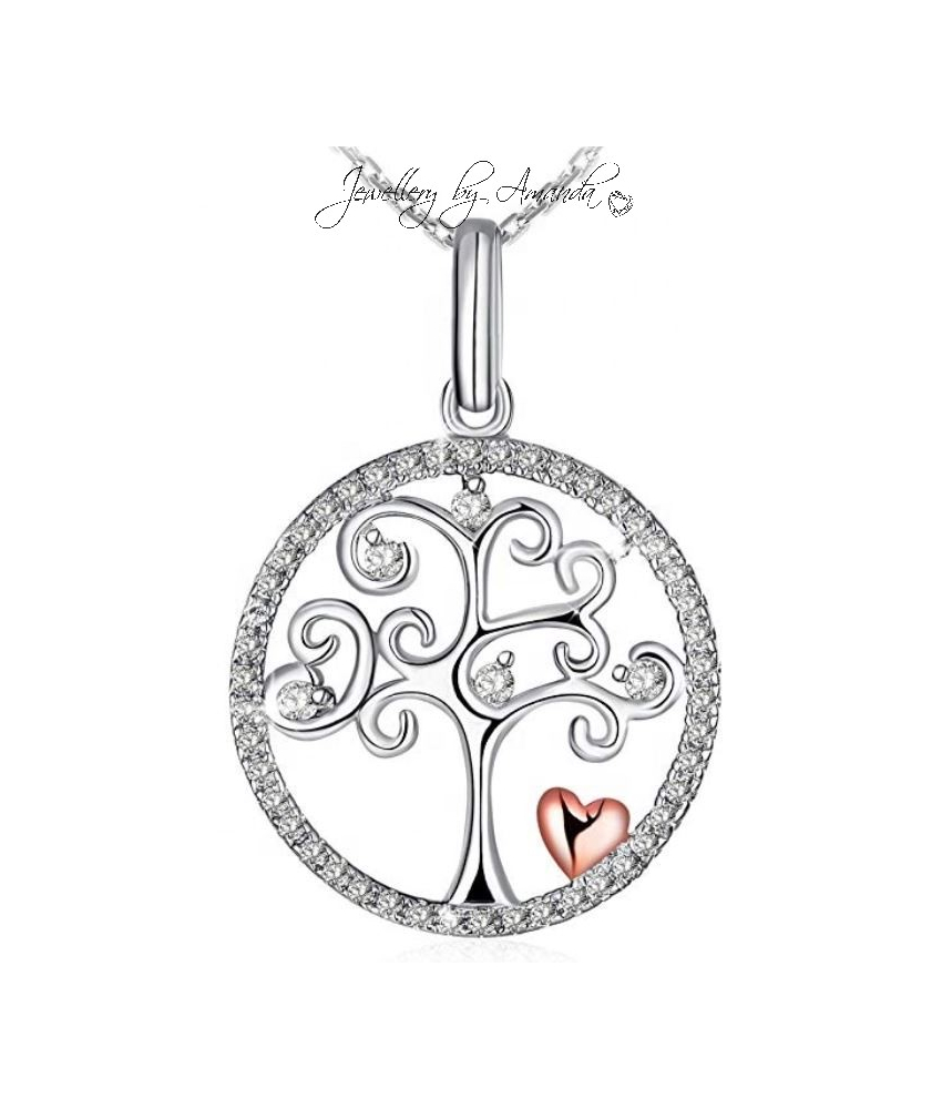 Det smukke Livets Træ vedhæng med hjerte belagt med rødguld og små Cubic Zirconia sten. Sølvhalskæden med hvidguld