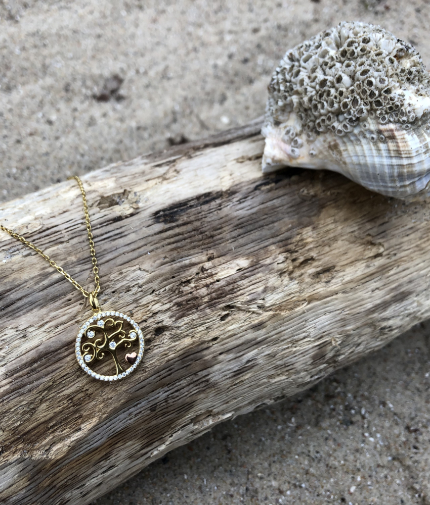 Halskæde 18 karat guld med Livets træ på drivtømmer