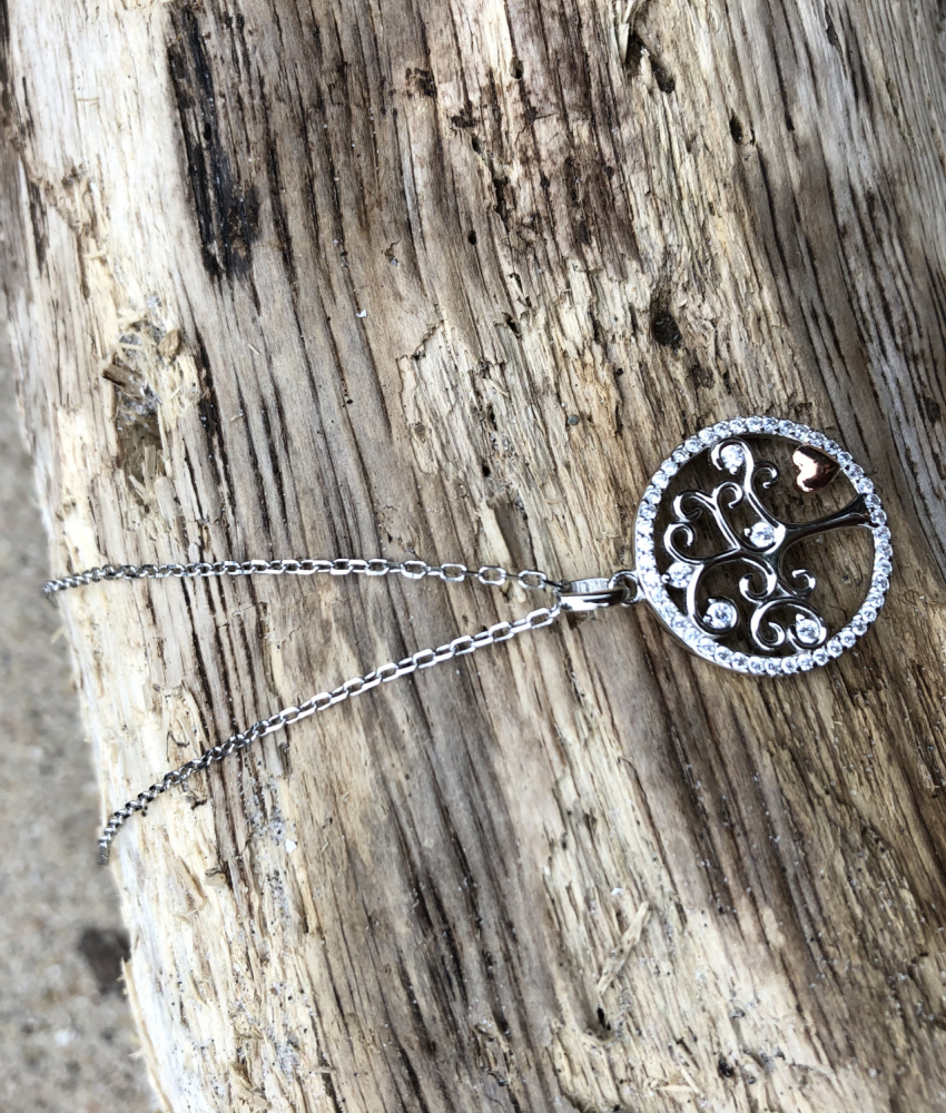 Halskæde hvidguld belagt med Livets træ på drivtømmer